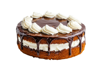 Layered cake with creamy filling and chocolate glaze. PNG image