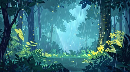 Fototapeta premium A lush, green forest with tall trees, vibrant foliage, and a shimmering pool of water