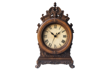 Antique clock with Roman numerals and ornate details. PNG image