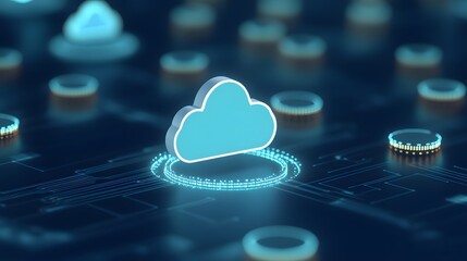 Cloud computing technology concept with digital blue cloud icon on a circuit board background representing data storage and connectivity.