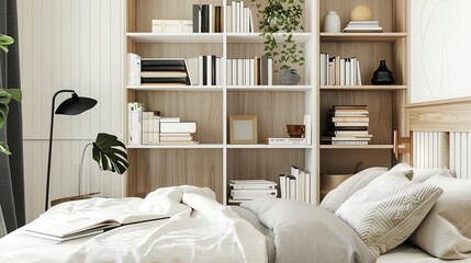 A minimalist bedroom with a large bookshelf filled with books and plants, a comfortable bed with white linens, and a floor lamp.