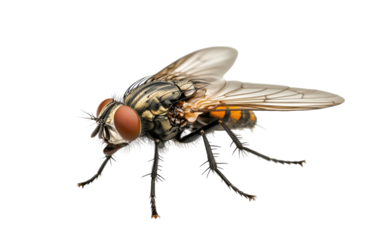 Close-up of a housefly with detailed wings and body. PNG image
