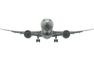 Commercial airplane taking off, front view, isolated on white background. PNG without background
