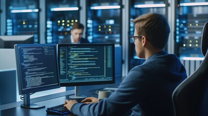 Male IT specialist works on personal computer with software program screens showing coding language interface in modern technical room of data center.