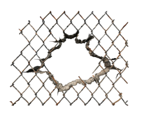Broken wire fence with a hole in the middle on white background. PNG without background