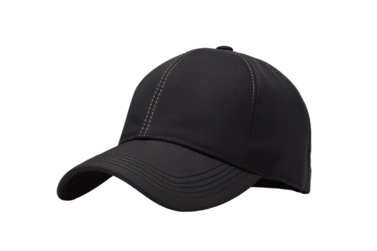 Black baseball cap with detailed stitching. PNG without background