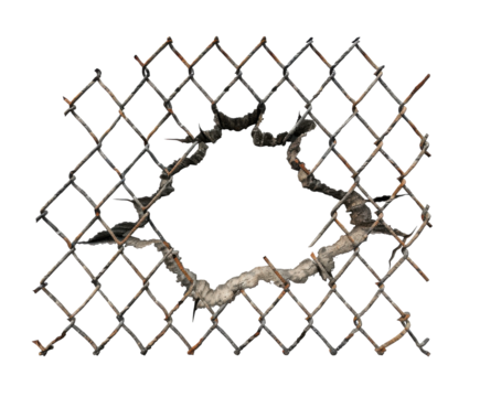 Broken wire fence with a hole in the middle on white background. PNG without background