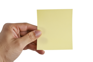 Hand holding yellow sticky note, isolated on white background. PNG without background