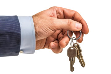 Hand holding house keys with keychain, isolated on white background. PNG without background