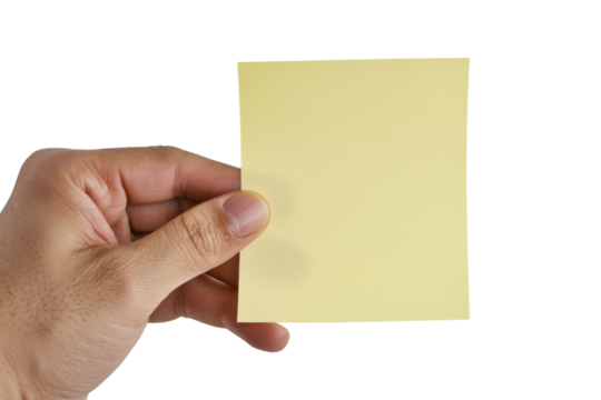 Hand holding yellow sticky note, isolated on white background. PNG without background