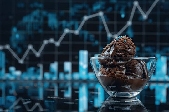 Indulge in creamy gourmet chocolate ice cream served in a stylish bowl, set against a vibrant data visualization backdrop. - Powered by Adobe