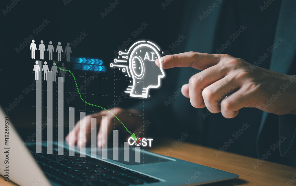 Wall mural business person think before make decision to lay off employee and using ai technology to replace wo