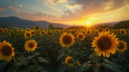 Fototapeta premium Stunning Sunflower Field at Picturesque Sunset in Countryside Landscape