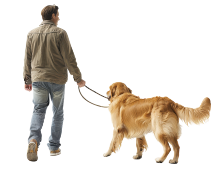 A man walking a golden retriever on a leash, isolated on a white background PNG without background
