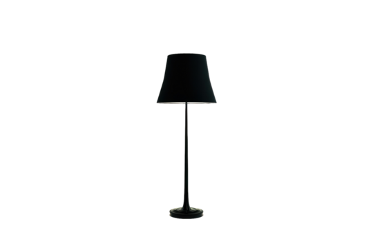 Black floor lamp with modern shade, isolated on white background. PNG without background
