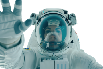 Astronaut in white spacesuit raising hand, isolated on white background. PNG without background
