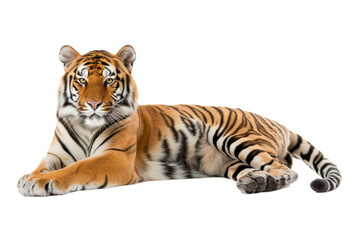 Obraz premium Tiger lying down on white background. PNG without background