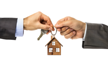 Hand holding house keys with keychain, isolated on white background. PNG without background