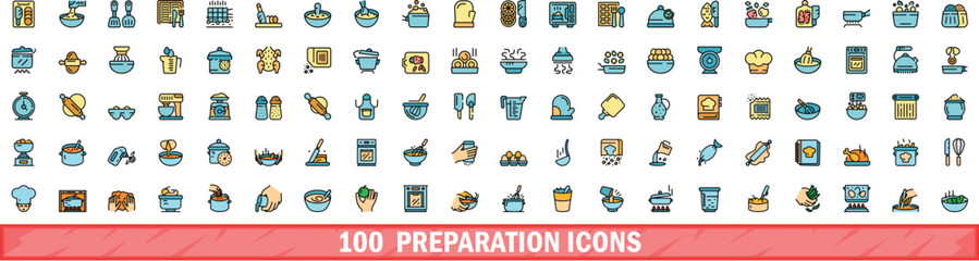 100 preparation icons set. Color line set of preparation vector icons thin line color flat on white