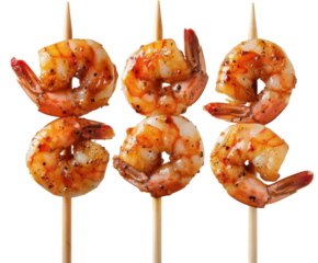 Three shrimp skewered on a wooden stick isolated on a white background. PNG without background