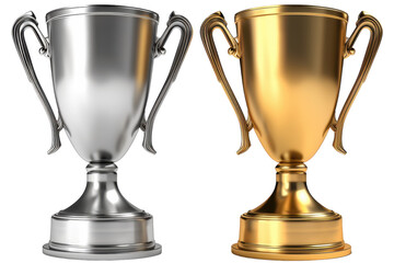 Gold and silver trophies side by side on white background.