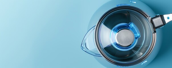 Blue electric kettle on a light blue background.