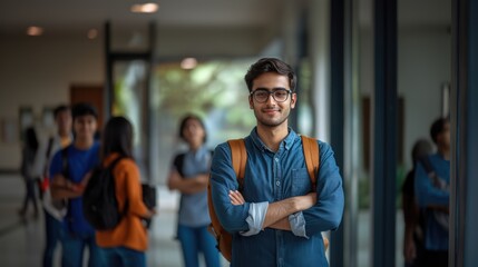 Obraz premium Portrait of cheerful male international Indian student with backpack standing at university campus corridor during break between lessons with students on background. Education and studying concept