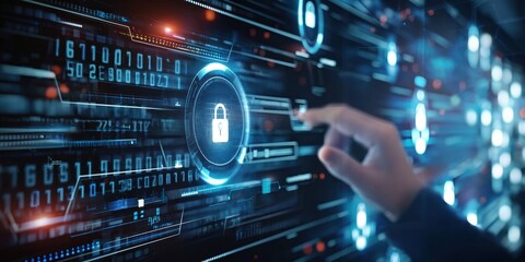 Virtual screen displaying digital lock icons, password, and security symbols for protection and safety on the internet and in cyberspace. Secure data transmission and online access control concept.