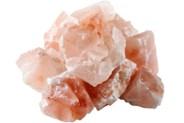 Pile of pink Himalayan salt crystals on white background.