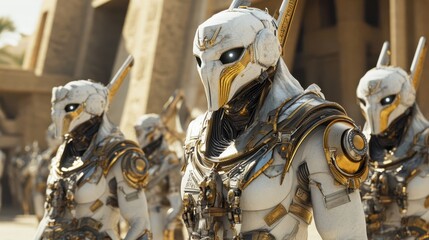 Hyperrealistic depiction of a futuristic army of Pharaohs in 2499, featuring advanced technology and cybernetic enhancements, in a highly detailed Egyptian setting