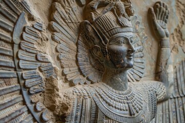 A striking depiction of an Assyrian warrior, showcasing intricate details and majestic wings, reflecting ancient artistry and culture.