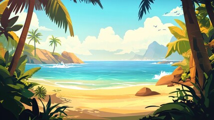 Obraz premium Artistic vector illustration of a cartoon tropical beach, showcasing a relaxing and vibrant atmosphere.