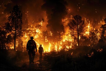 Fototapeta premium Brave firefighters are heroically combatting a blazing inferno during the dark night hours