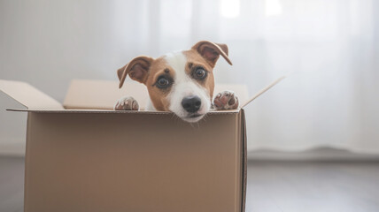 Playful Jack Russell Terrier puppy sitting in large cardboard box, playful and curious dog, home interior concept