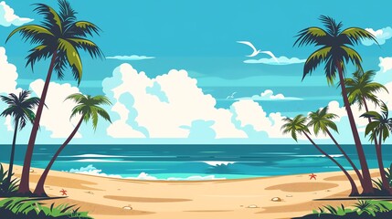 A picturesque tropical beach with palm trees, white sand, and a crystal-clear ocean under a bright blue sky.