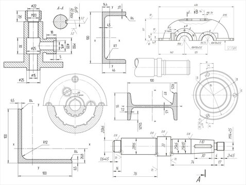 Vector engineering drawing of steel mechanical parts 
with through holes and dimension lines. Industrial 
cad scheme on paper sheet. Technology background.
