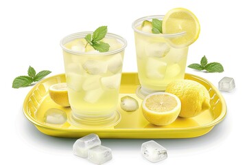 Refreshing lemon drink in plastic cups on a yellow tray with ice cubes, mint leaves, and lemon slices, perfect for a summer day.