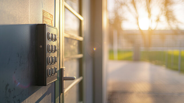 Modern security keypad on building entrance in sunlight, keypad access control, security concept