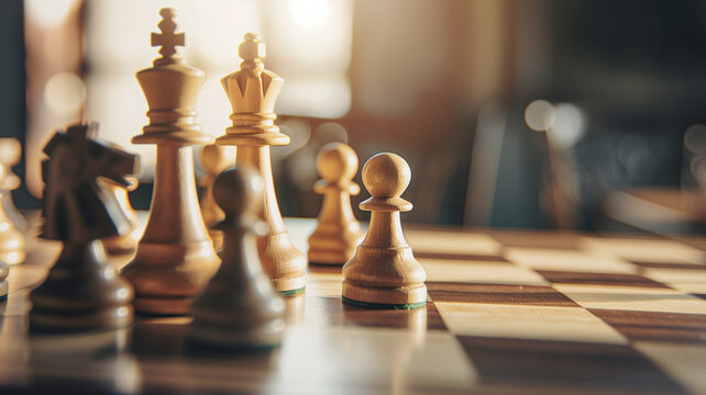 Chessboard with wooden chess pieces, sunlight background, strategic game concept