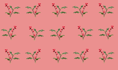 holly berries and leaves pattern on colored background (green leaf and red berry) holiday christmas theme repeating texture background wrapping paper