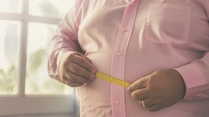 Man measuring large belly with tape, weight loss, obese person, health awareness concept