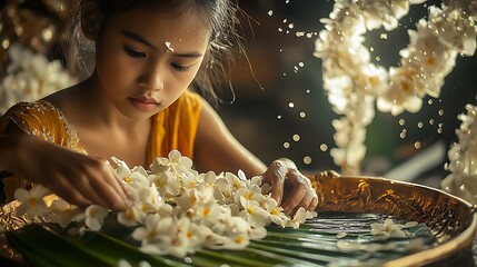 Thai girl crafting a garland of jasmine and orchids with a rose petal tail, tied with white...