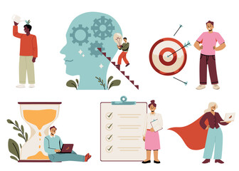A collection of vector images dedicated to improving the skills of young people on a white background