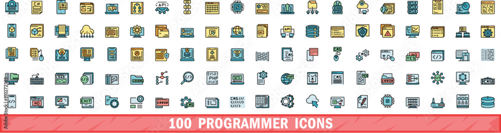 Poster 100 programmer icons set. color line set of programmer vector icons thin line color flat on white