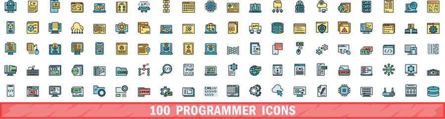 100 programmer icons set. Color line set of programmer vector icons thin line color flat on white