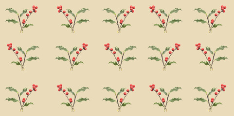 holly berries and leaves pattern on colored background (green leaf and red berry) holiday christmas theme repeating texture background wrapping paper