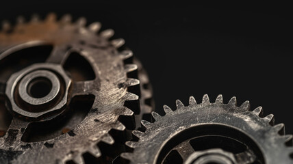 Close-up of interconnected rusty gears, machinery parts macro, industrial equipment background concept
