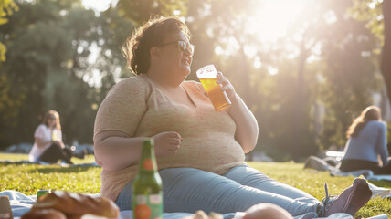 Woman enjoying drink, relaxed in park, autumn afternoon outdoors, sunlight filtering through trees, lifestyle concept