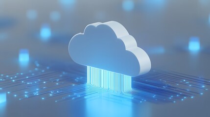 Conceptual image of cloud computing, data storage, and digital transformation showing a floating cloud with glowing data lines.