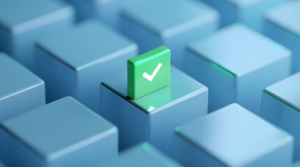 Conceptual image of green checkmark on blue cubes, symbolizing success, approval, and positive choice amidst uniform options.